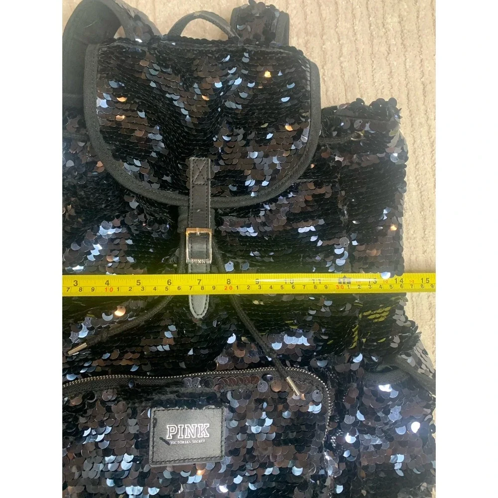 Victoria's Secret PINK Black Sequin Large Backpack Y2K Drawstring Zipper Adjusts